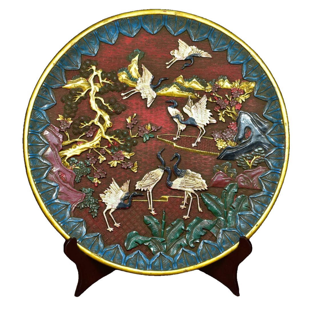 Red lacquer carved and painted lacquerware plate with a crane design (1 of 10)