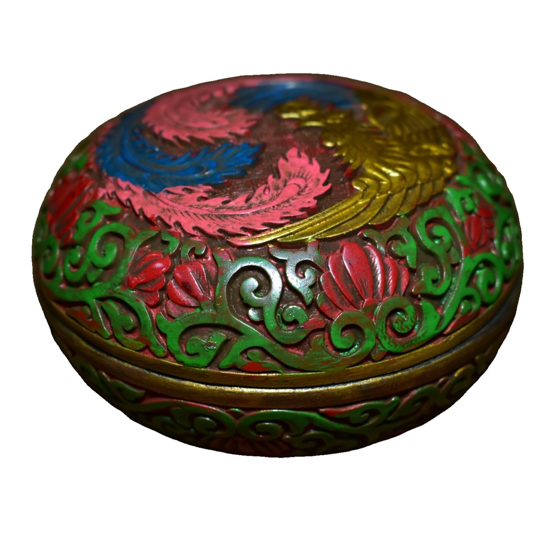 Red lacquer carved and painted round phoenix box (1 of 10)