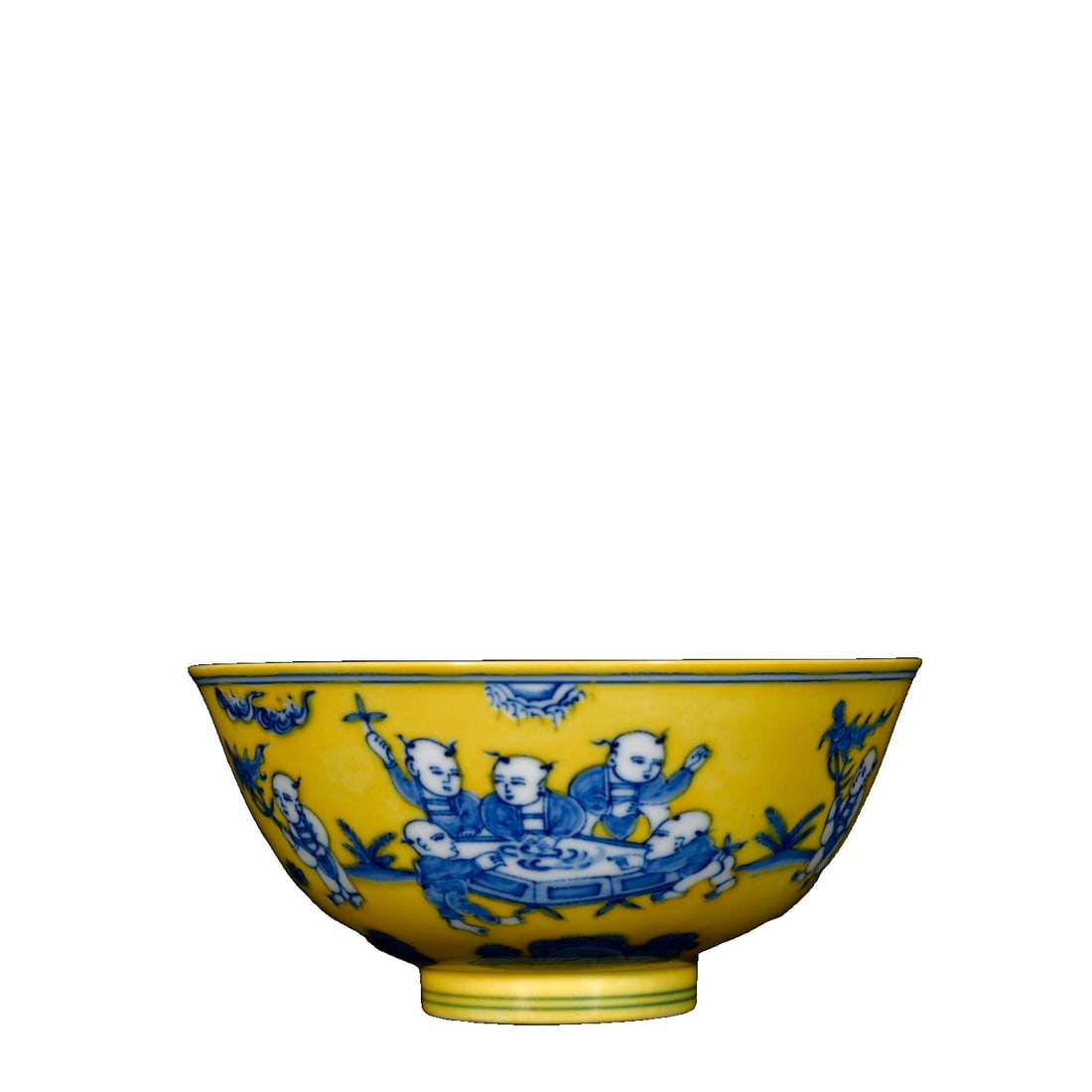 Ming Dynasty Chenghua Period Yellow-Glazed Blue and White Bowl with Child Playing Design: This Chenghua yellow-glazed blue and white porcelain bowl with a child play scene is a precious work of art, demonstrating the superb level of porcelain-making skills from the Ming Dynasty. The bowl's