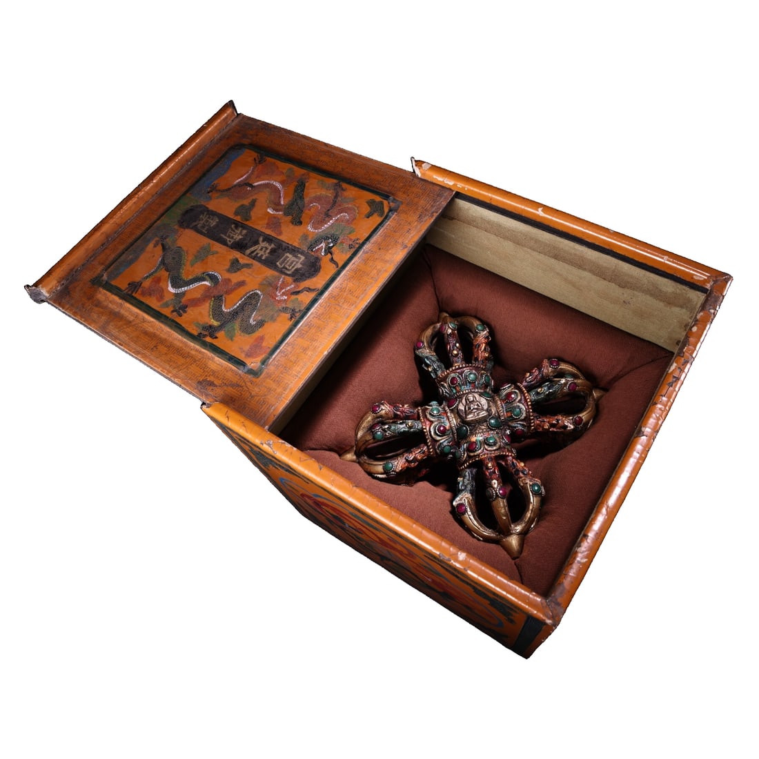 Qing Dynasty Imperial Collection Pure Copper Inlaid Gemstone Painted Cross Dorje Implement (1 of 10)