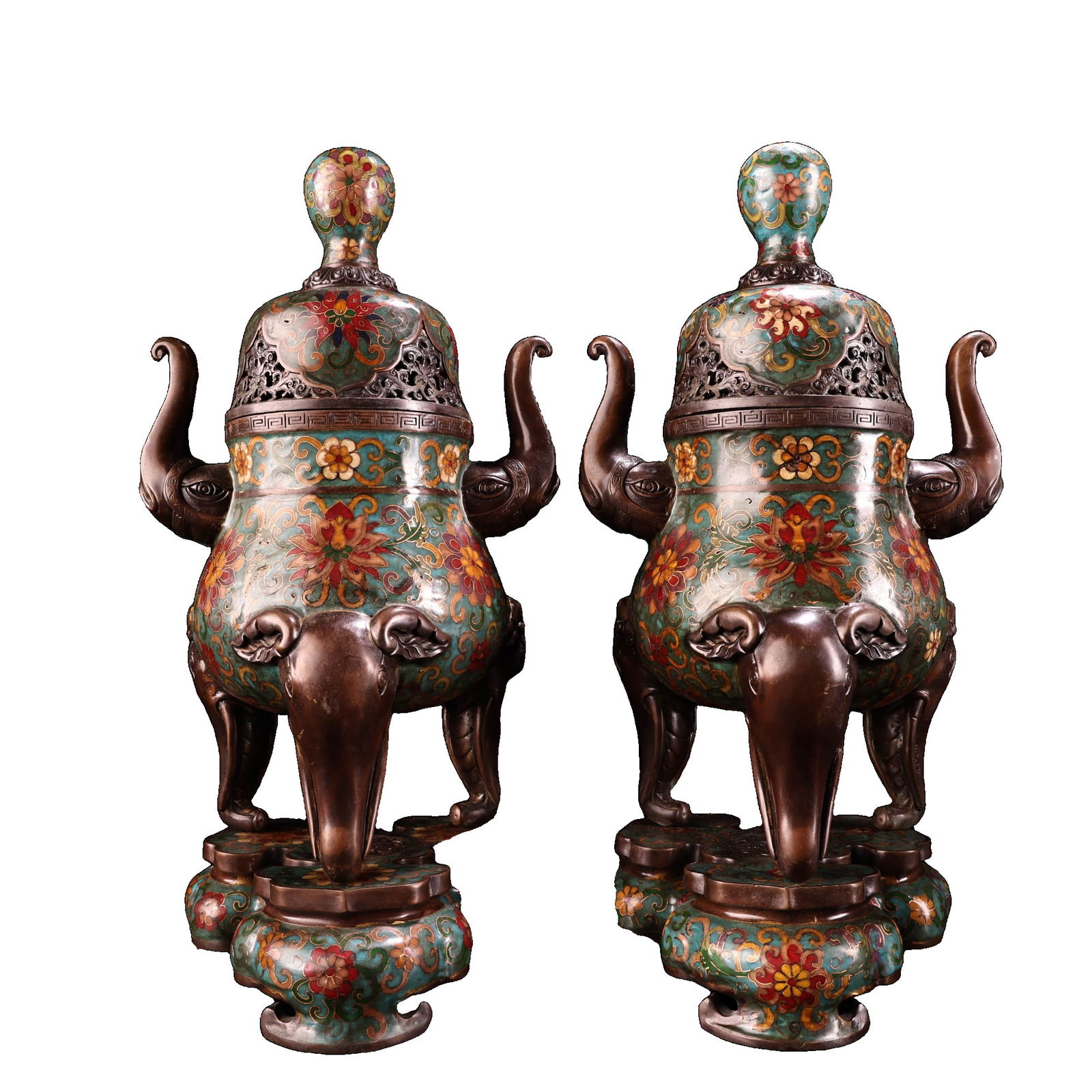 A Pair of Elephant Incense Burners with High Relief Engraving, Cloisonné, and Enamel (1 of 12)