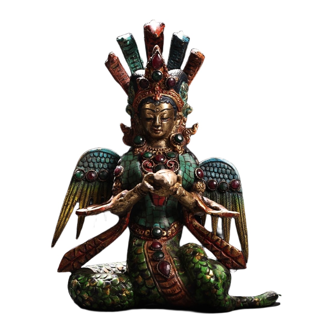Old Pure Copper Inlaid Gemstone Painted Gilded Dragon Tree Bodhisattva: Ancient pure copper inlaid with gemstones and gold-painted dragon tree BodhisattvaThe condition of the piece is well-preserved, uniquely and elegantly craftedWeight: 2265 grams, Height: 22 centimeters