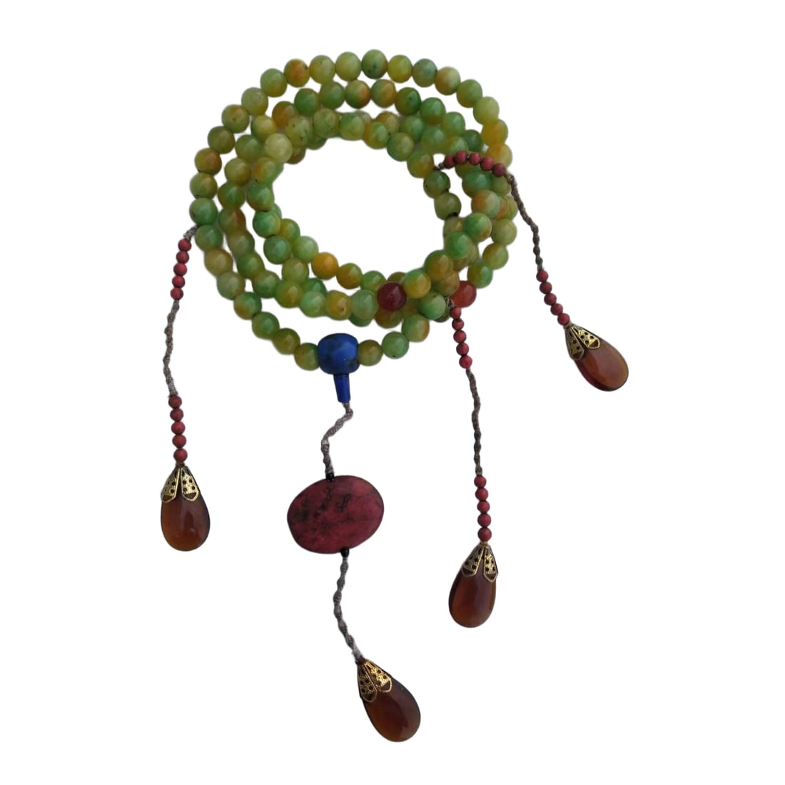 Natural jadeite apple green inlay with red turquoise and tea-colored crystal court beads, made (1 of 10)