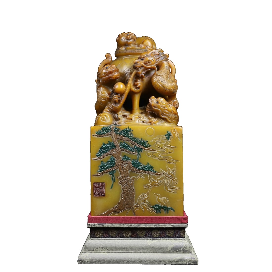 Shoushan Stone Carving Five Dragons Playing with the Pearl Button, Pine Crane Longevity Pattern Seal (1 of 11)