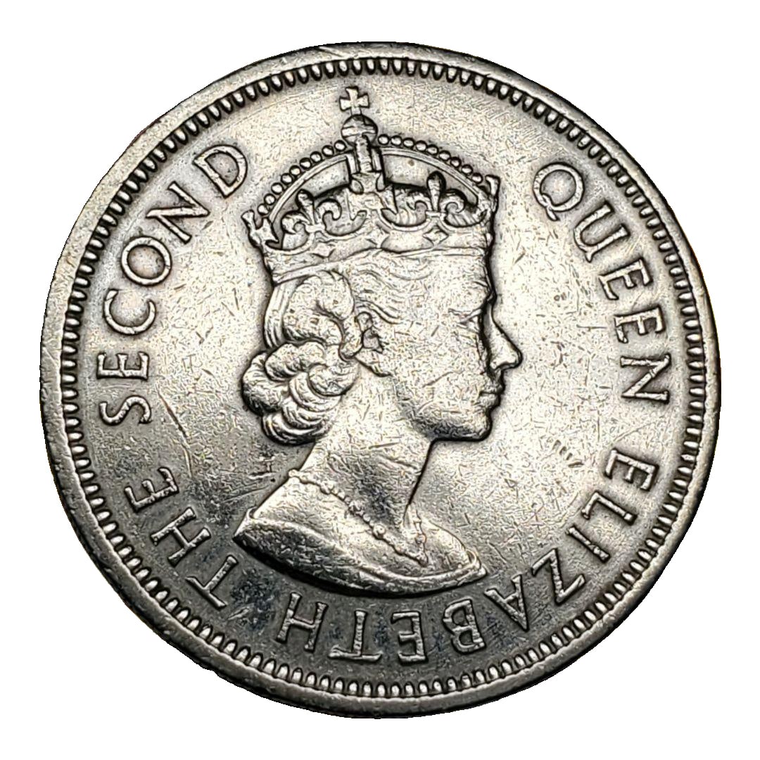 1975 Hong Kong large size dollar, the front features a portrait of Queen Elizabeth II, the crown, (1 of 7)