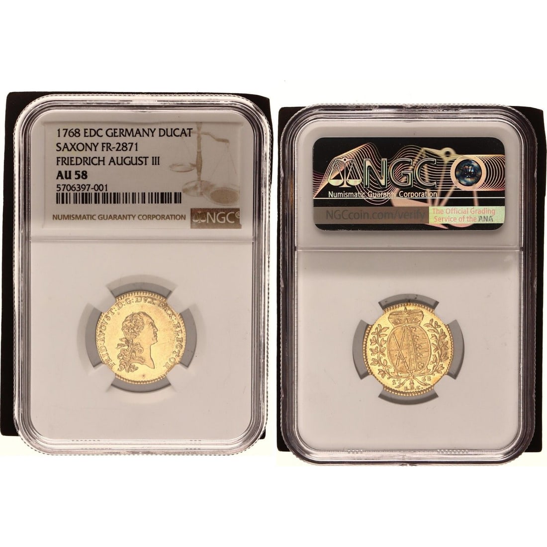 Saxon 1 Ducat Gold Coin, 1768, during the reign of Frederick Augustus III, NGC graded AU58 (1 of 2)