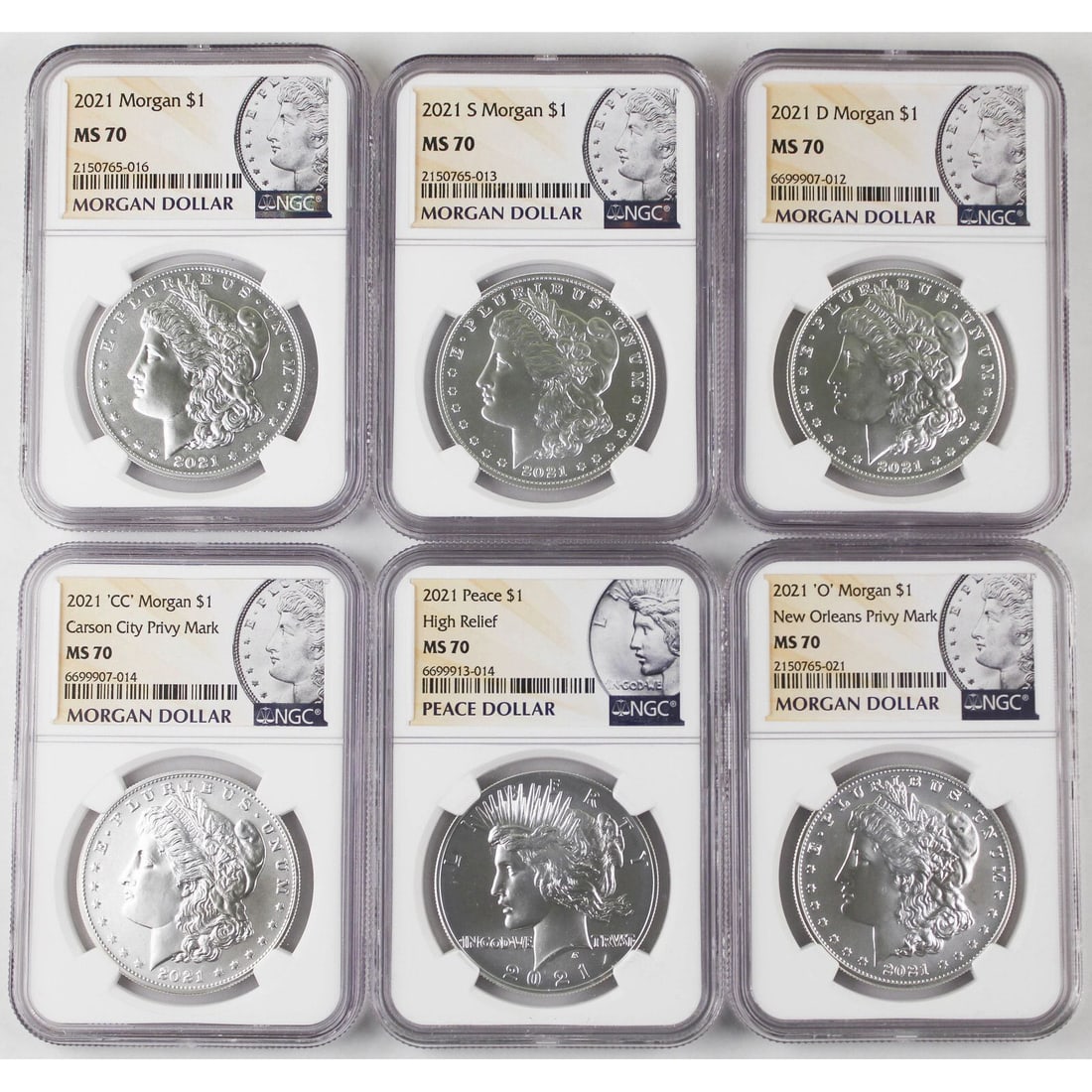 2021 Morgan (CC SDOP) Peace Silver Dollar Centennial Commemorative Set (6 coins in total): 2021 Morgan (CC SDOP) Peace Silver Dollar Centennial Commemorative Set (6 coins total), NGC MS70 BU graded Freight: 1.International Shipping: Foreign shipping costs are determined by the destination.