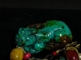 Turquoise dragon head turtle carving Tibetan silver accessories beeswax Five Emperors money handle (1 of 5)