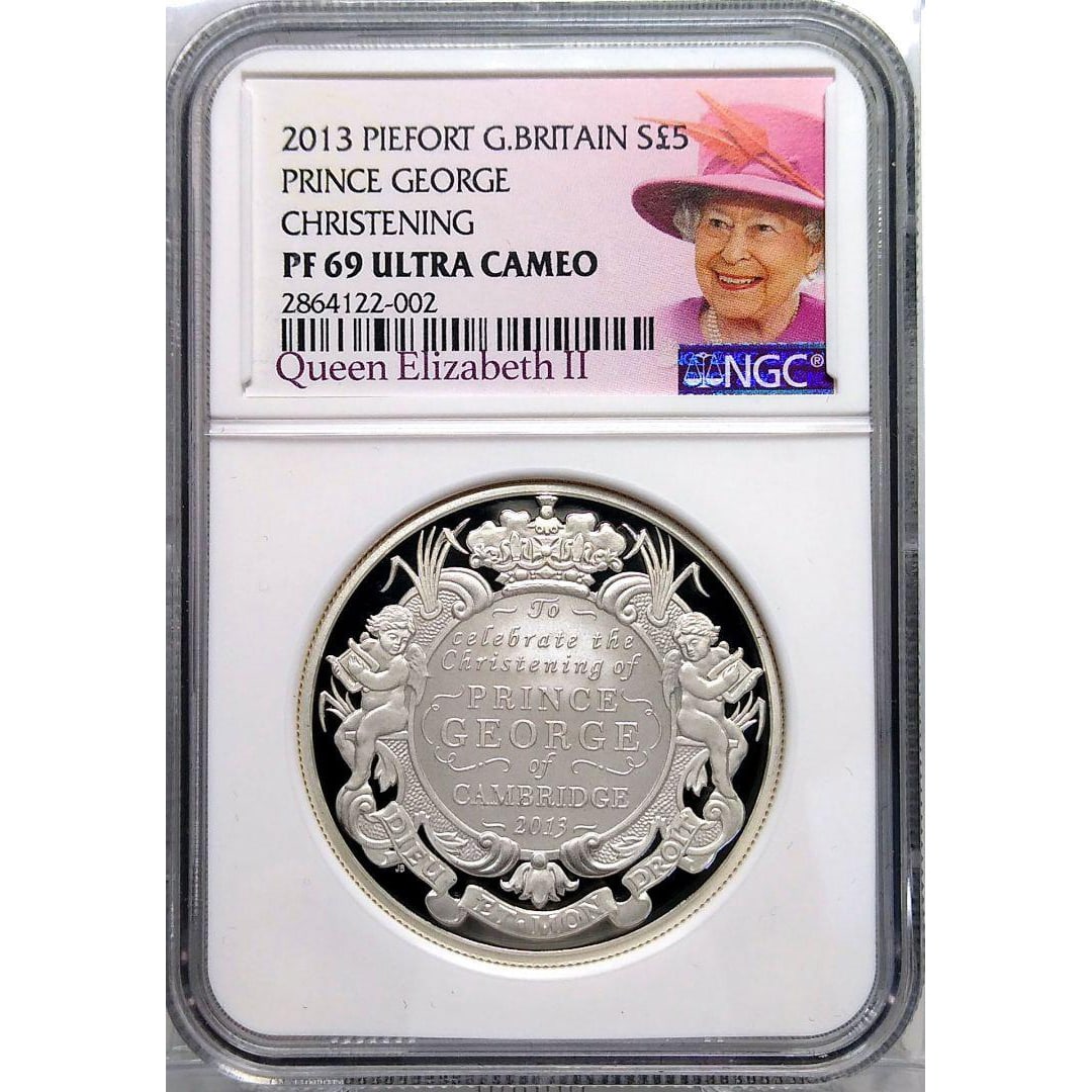 2013 Prince George's Christening £5 Piefaux Silver Coin PF69UC: 2013 Prince George's Christening £5 Piefaux Fine Silver Coin PF69UCIssued by the Royal Mint to commemorate the baptism of Prince George of the United Kingdom, this coin is twice as thick and twi