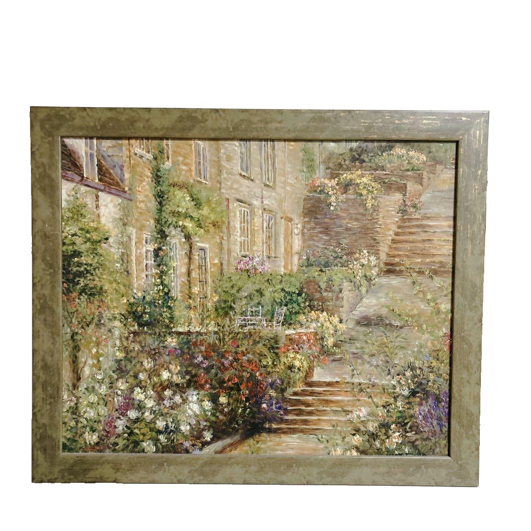 Lungo's landscape painting "Courtyard Garden: Steps and Flower Beds," large size. (1 of 9)
