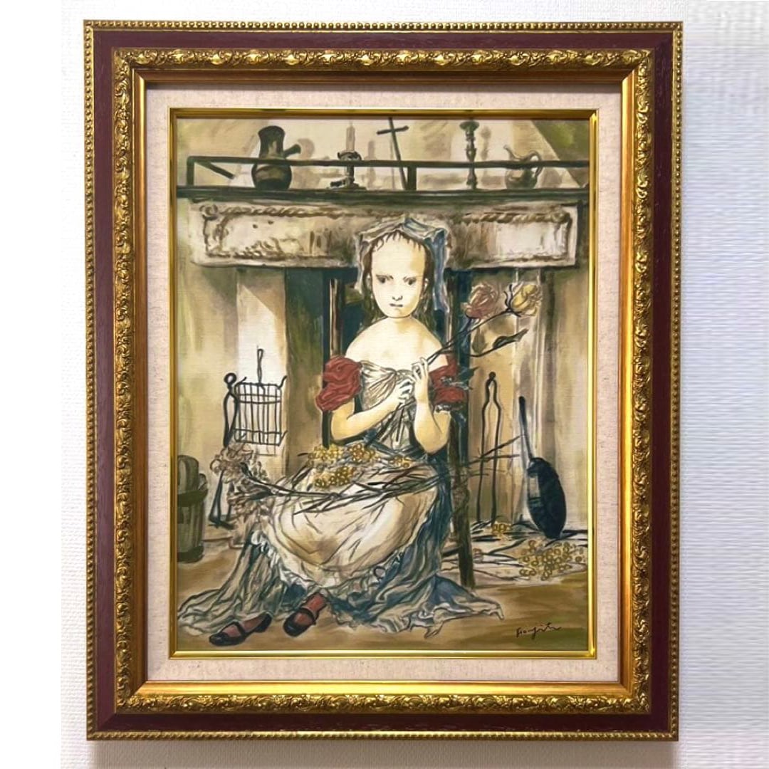 Toshijiro Inagaki (Girl in Front of a Fireplace) Double-sided signature/oil painting: Toshijiro Inagaki (Girl in Front of a Fireplace) Hand-painted/Double-sided signature/Oil painting/Includes stickers/Framed, artwork dimensions: 410×318mm[Frame dimensions]: 540 x 450 mm