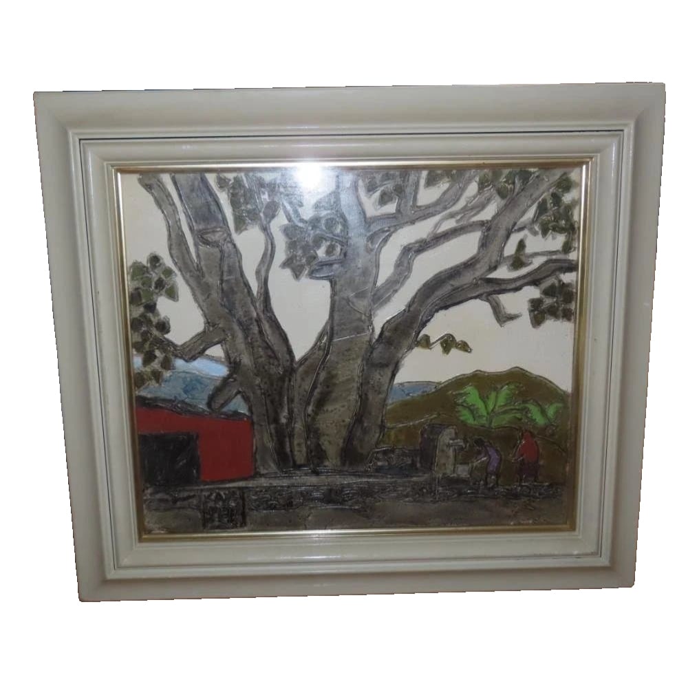 Kumagai Morikazu's "Under the Papal Tree" handmade oil painting, size F8, 1987.: Original oil painting "Under the Papal Tree", hand-painted, size F8, 1987, by artist Morikazu Kumagai.Dimensions: 53 cm x 59 cm.
