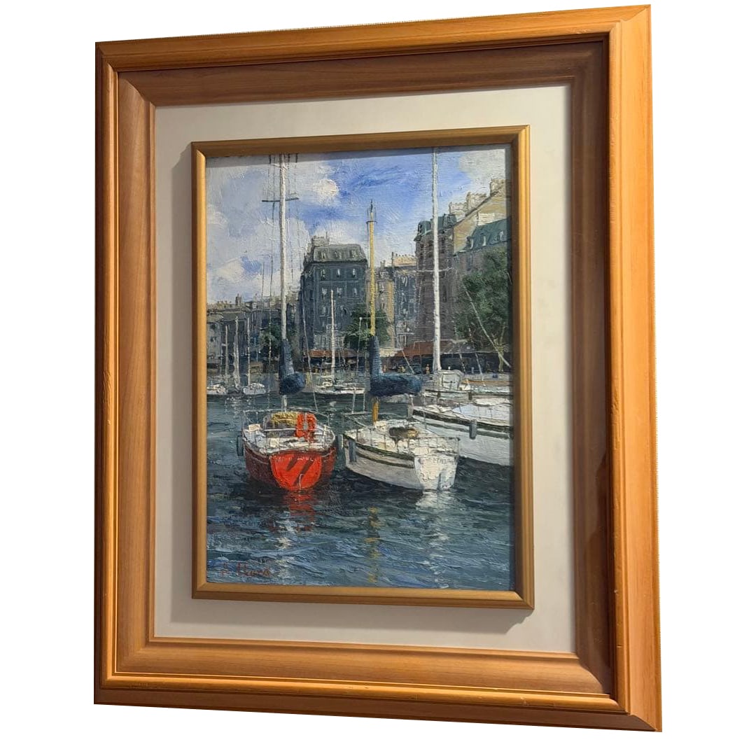 Port town scenery oil painting, marina yachts, framed landscape painting. (1 of 5)