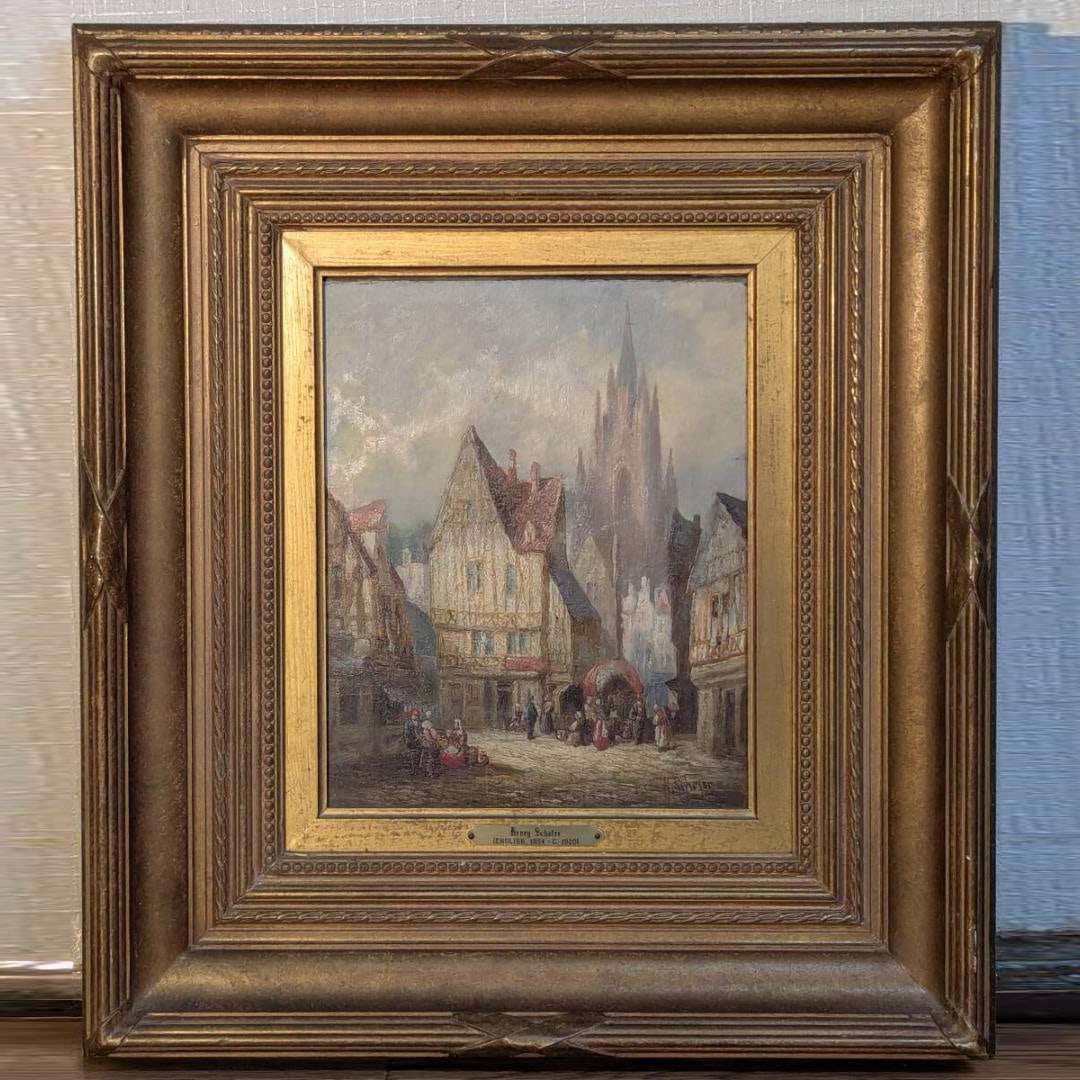 Original Henry Cheever oil painting, canvas oil painting, Gothic cathedral and cityscape.: Original Henry Schafer oil painting, canvas oil painting, Gothic cathedral and cityscape. Henry Schafer (1833 - 1916) was a British painter active from the 19th to the early 20th century. Style and Th
