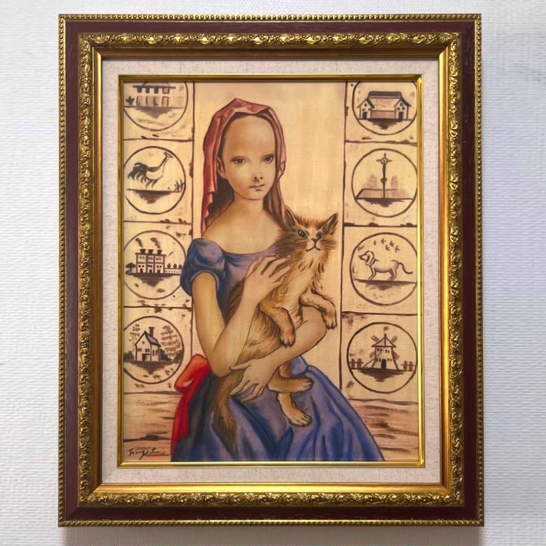 F6 size, Toshiji Fujita (Girl Holding a Cat) hand-painted/double-sided signature/oil painting/with: Author: Tsuguharu Fujita Title: Girl Holding a Cat Signature: Front signature, back signature, with seal and backing sticker. Technique: Oil painting on canvas Artwork size: 410×318mm Size: F6 Frame