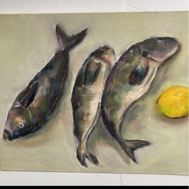 Atka mackerel and lemon oil painting: This is a realistic style oil painting depicting the natural colors of fish and lemons.
