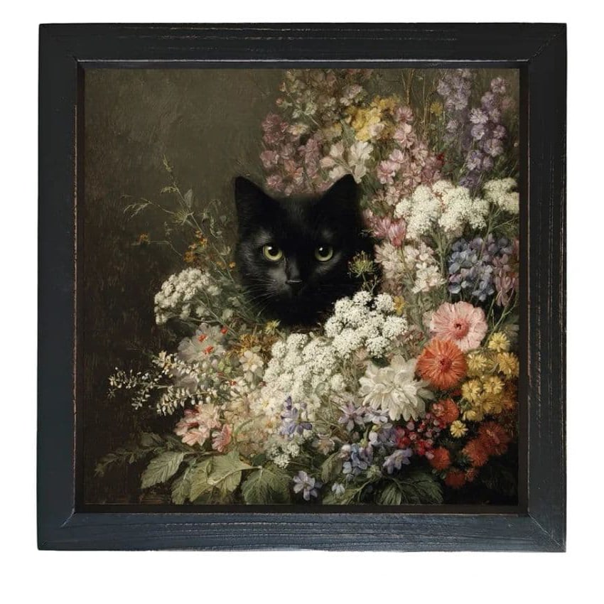 Oil painting style black cat artwork: This is an art piece of a black cat, with its face peeking out from delicately drawn small flowers, measuring 20x20 centimeters.