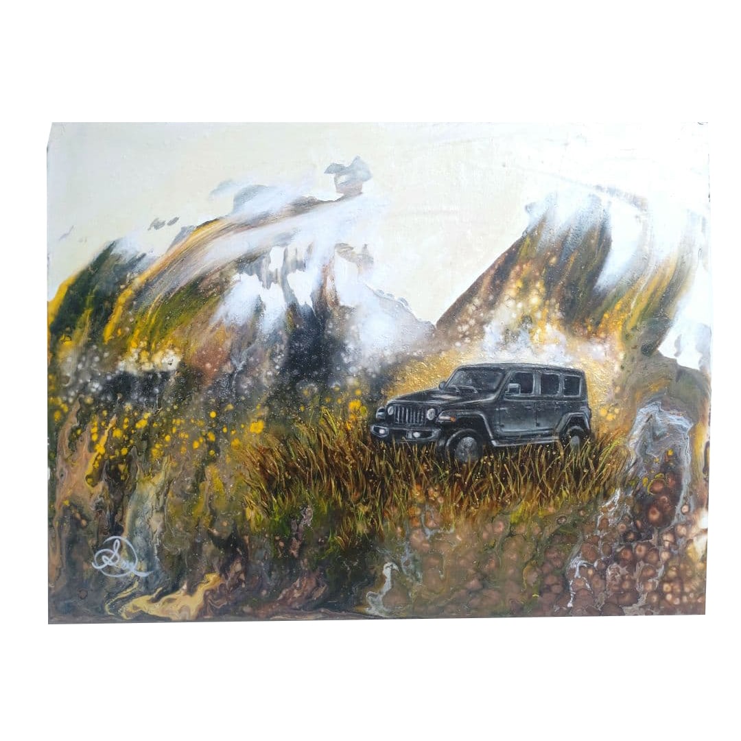 Oil painting "Jeep Life", a unique original artwork with artist's signature, on canvas.: This is a unique piece of art, signed by the artist. The artwork was created in May 2024 and exhibited in June at a gallery in Sapporo. Title: [Jeep Life] Artist: Honjo Sena Dimensions: 30.3 cm x 40 c