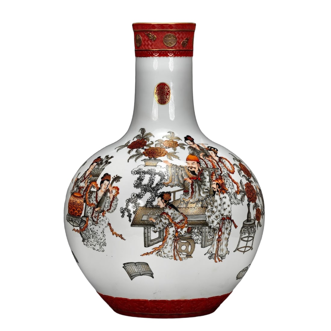 Made during the Qianlong era of the Qing Dynasty, under the imperial porcelain factory, underglaze: Qing Dynasty Qianlong era ink and iron red overglaze gold-painted figure story pattern celestial globe vase, 54cm in height and 37cm in width. The entire body is adorned with ink and iron red overglaz
