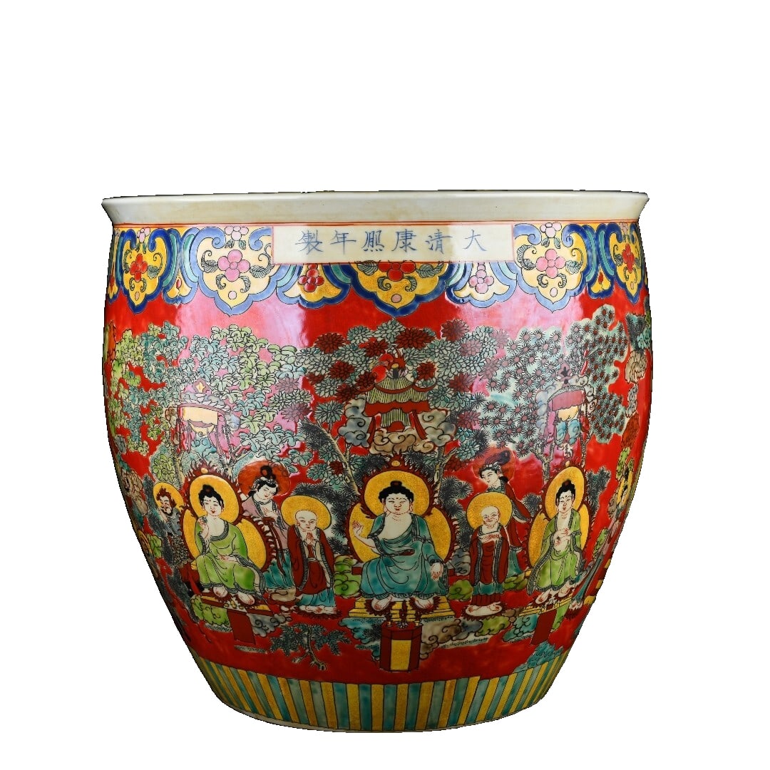 Qing Kangxi red ground famille rose porcelain vase with a pattern of ten thousand Buddhas (1 of 10)