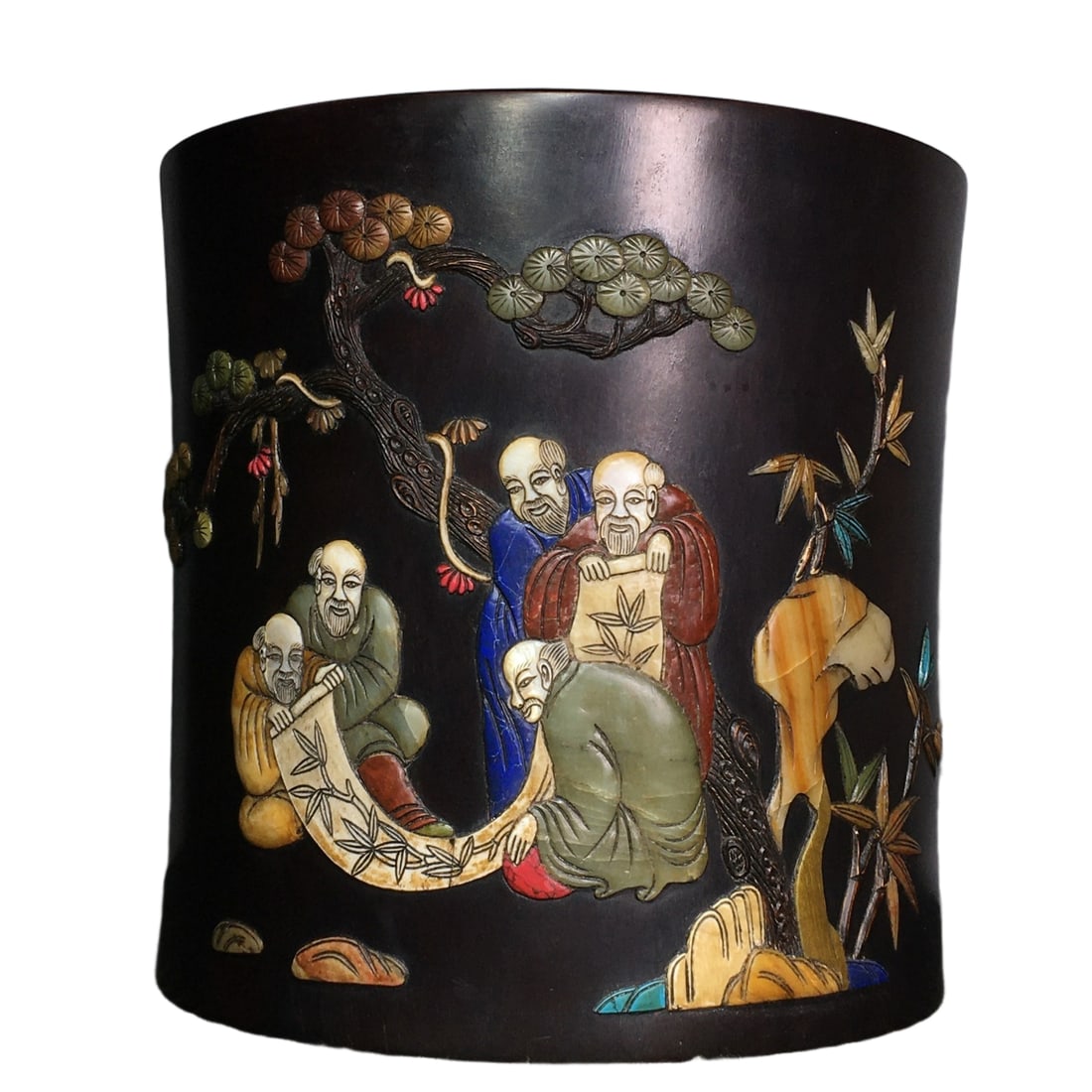 Sandalwood Inlaid Treasure Brush Pot: Rosewood multi-treasure brush pot inlaid with stars, clear golden star ox-hair grain, elegant shape. Height 24 centimeters, width 23.5 centimeters, weight 4970 grams. This brush pot not only displays