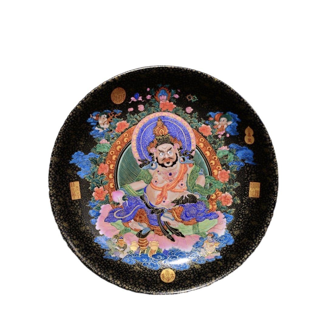 Qianlong Enamel Gilt Plate: A Qing Dynasty Qianlong period enamel-painted and gilded Thangka-patterned appreciation plate, 7.5 cm high and 43.5 cm in diameter. This plate, with its exquisite enamel craftsmanship and gilded Thang