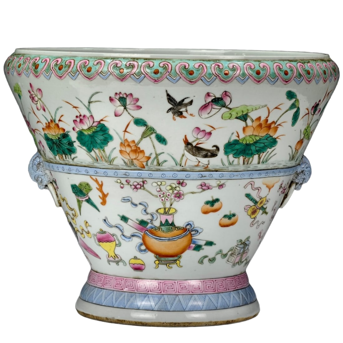 Qing Dynasty famille-rose enamel bird-and-flower pattern beast-headed flowerpot (1 of 10)
