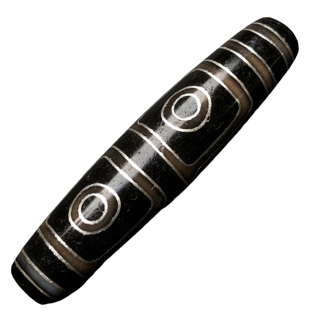 Natural agate inlaid with silver wire, four-eyed dzi bead. (1 of 10)