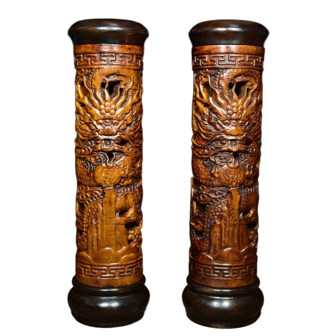 A pair of boxwood carved dragon incense holders. (1 of 10)