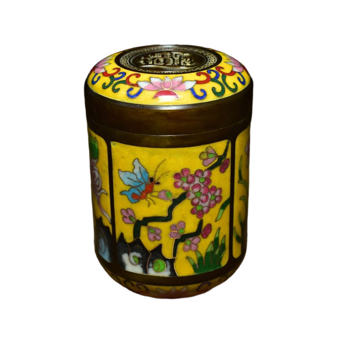 Cloisonné tea caddy with plum, orchid, bamboo, and chrysanthemum design. (1 of 10)