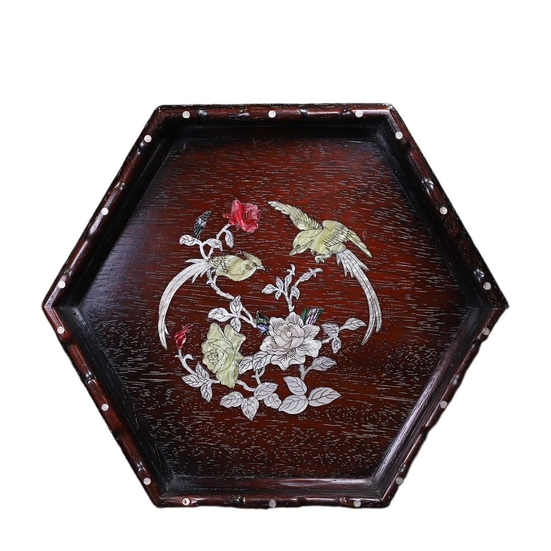 Rosewood inlaid with shell hexagonal curved edge tea tray tray storage tray (1 of 11)