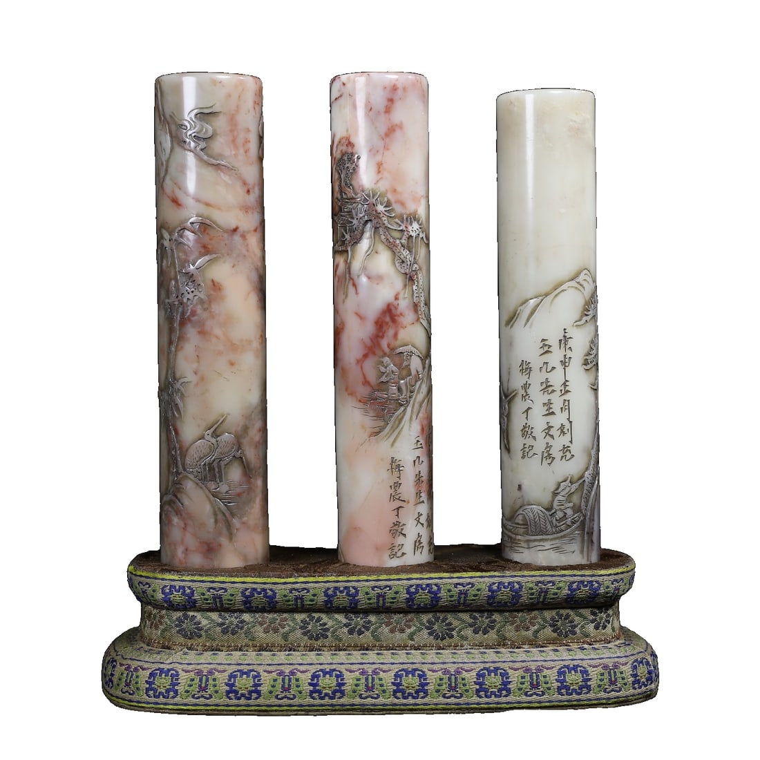 Shoushan stone shallow relief pine, bamboo, and figure story round plaque three-piece set (1 of 11)