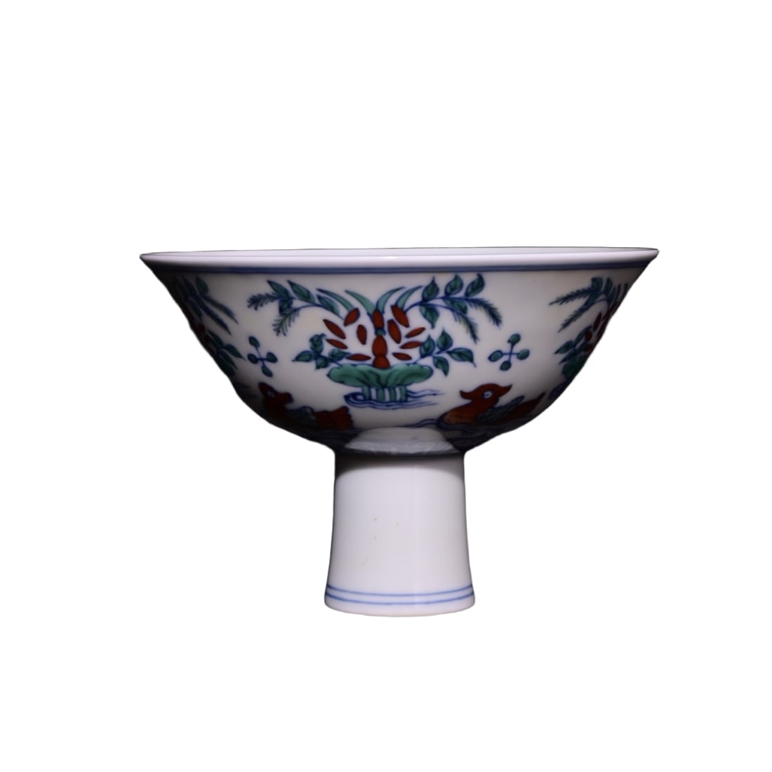 Ming Dynasty Chenghua Period Doucai Mandarin Ducks Playing in the Water High-Footed Bowl: Ming Dynasty Chenghua Period Doucai 'Mandarin Ducks Playing in the Water' high-footed bowl, measuring 10.7 centimeters in height and 15 centimeters in diameter. This bowl showcases exquisite Doucai