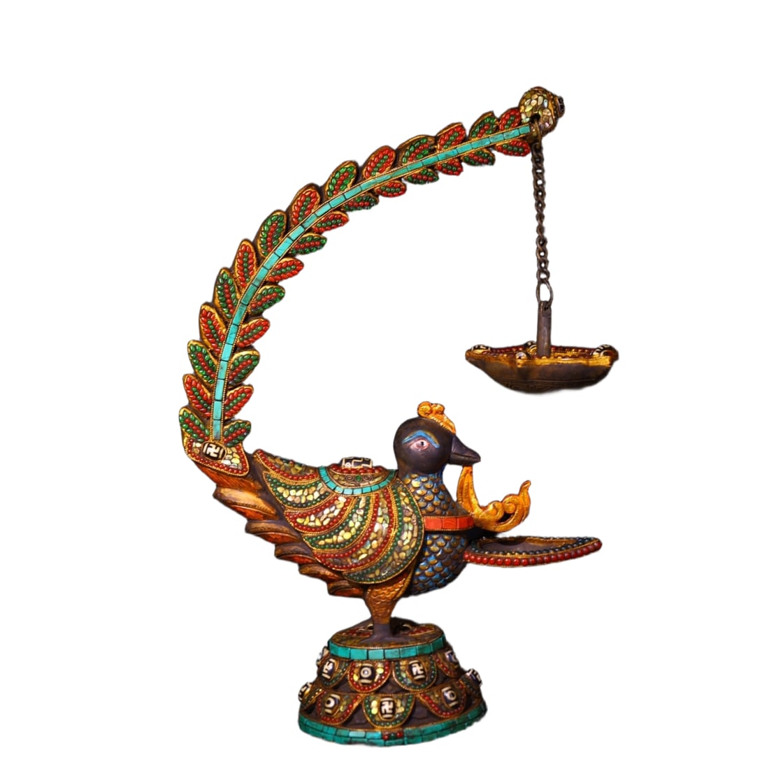 Copper Phoenix Candle Holder: Handcrafted, this copper chiseled and inlaid with gemstones, painted with a divine bird candle holder stands at 40 cm tall, 27 cm wide, and weighs approximately 4200 grams. This candle holder showcase