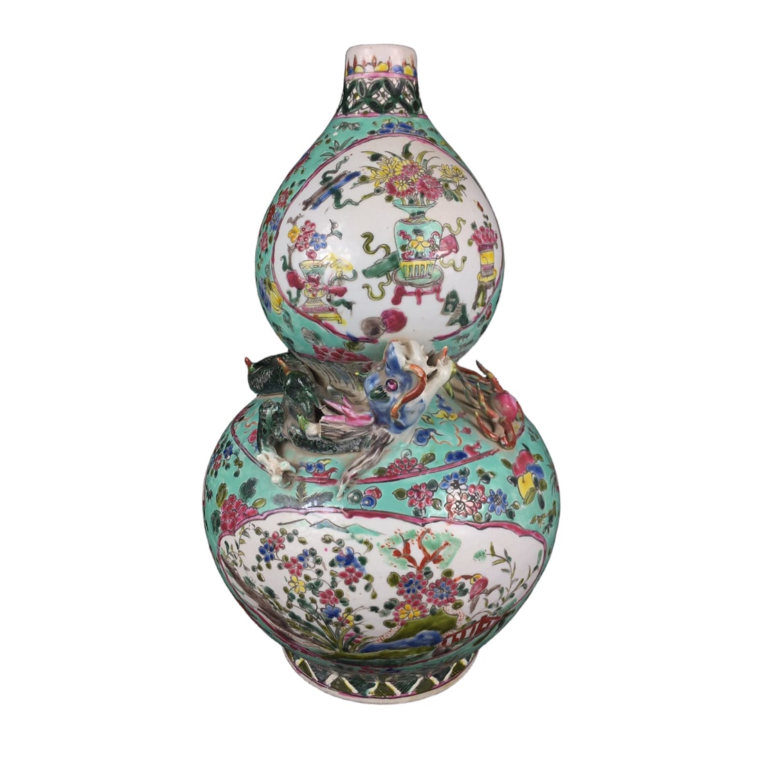 Pastel-colored antique relief dragon pattern gourd vase. (1 of 10)