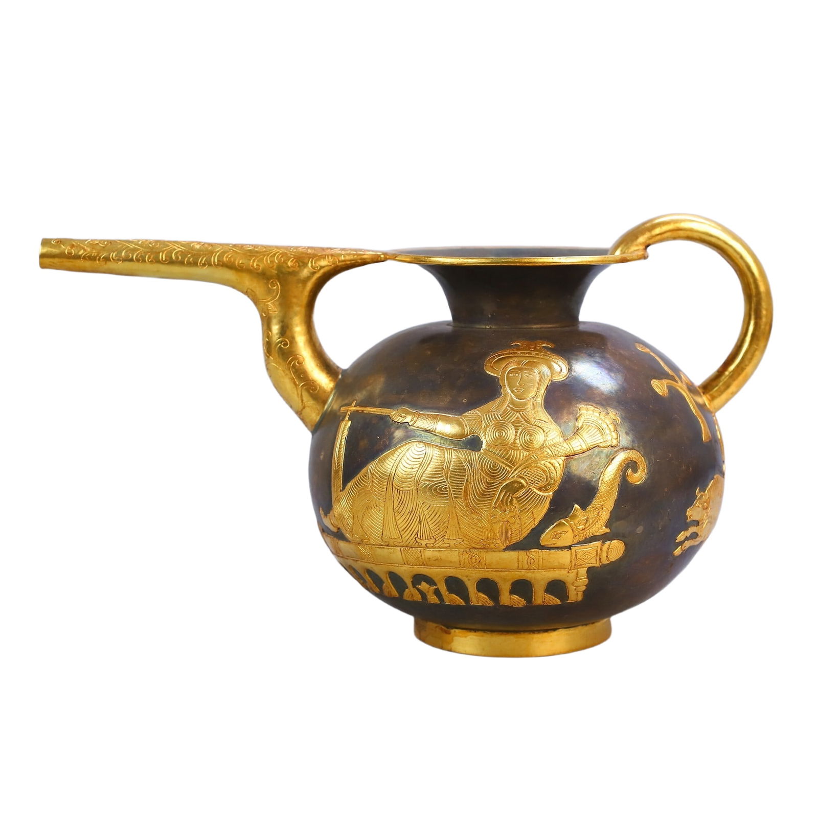 High relief partially gilded Persian teapot.: A Persian ewer with high relief and partial gilding. Weight: 1142 grams, Height: 33 cm, Width: 17 cm.
