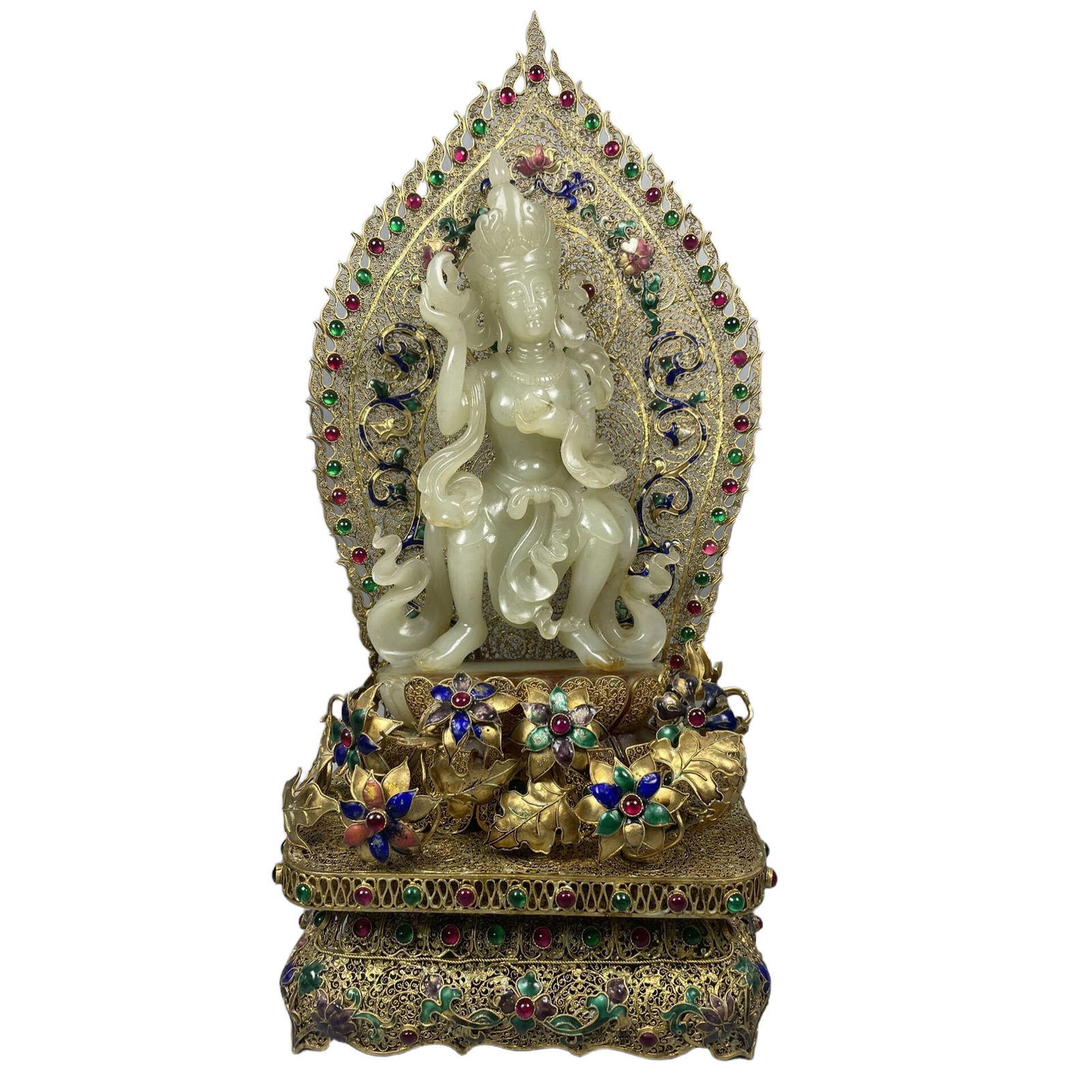 Hetian Jade Guanyin Ornament: Hetian jade Guanyin ornament, unique design, shiny and beautiful, in good condition, measuring 34 cm in height, 16 cm in width, 10 cm in thickness, weighing 1459 grams.