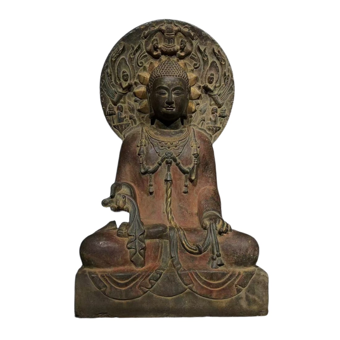Stone Seated Buddha Statue with Colored Painting: This painted stone sitting Buddha, 70 cm high, 40 cm wide, 27 cm thick, exudes a dignified and elegant aura. The Buddha is seated on a lotus pedestal, with a serene posture, hands forming the teaching