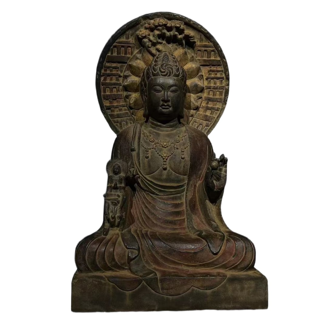 Stone Seated Buddha Statue with Colored Paint: This painted stone sitting Buddha statue is 70 cm tall, 40 cm wide, and 28 cm thick. It has a dignified and solemn appearance, with the Buddha sitting in a meditative posture. The lines are smooth, an