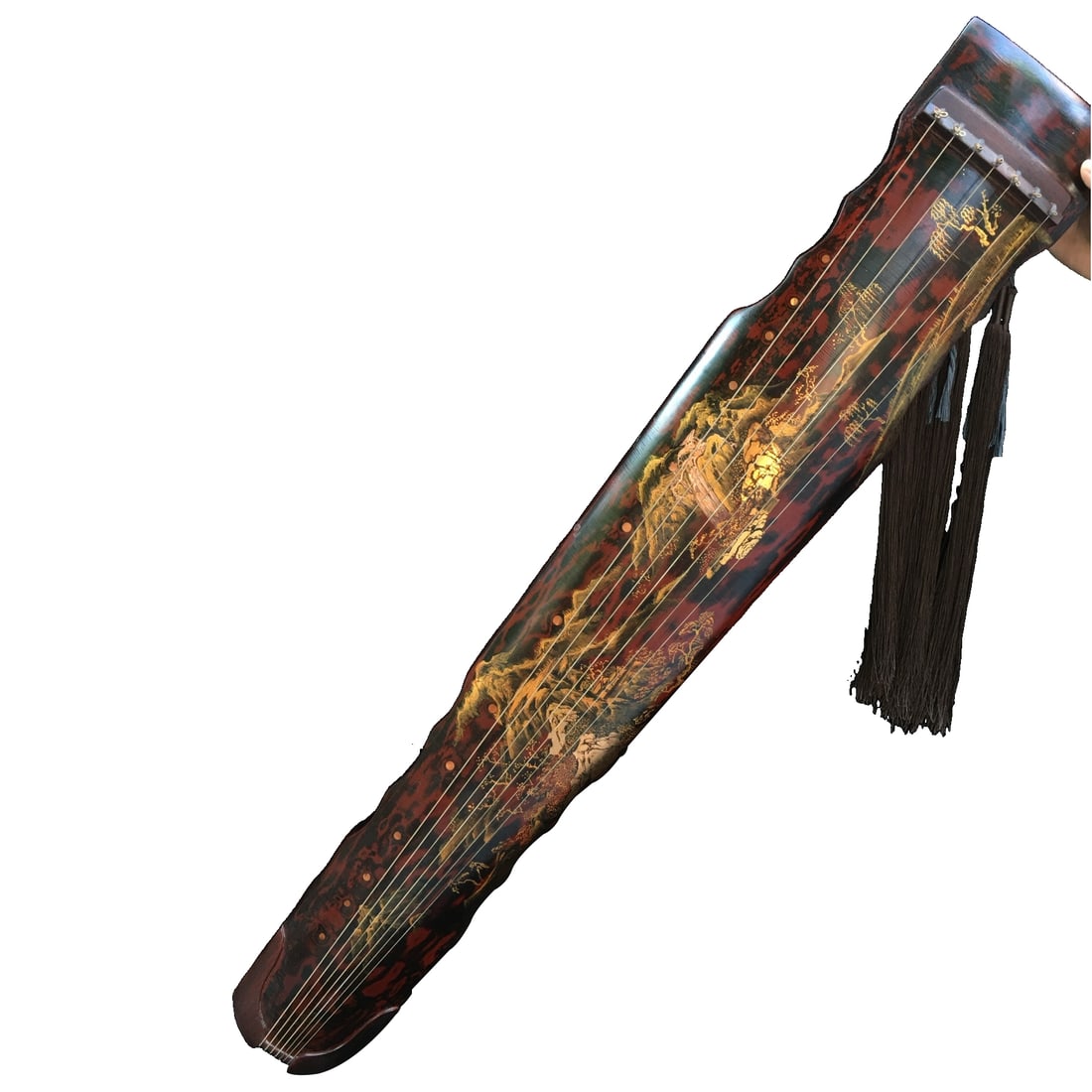 Musical instrument, wooden body lacquered with real gold, depicting a landscape of mountains and (1 of 10)
