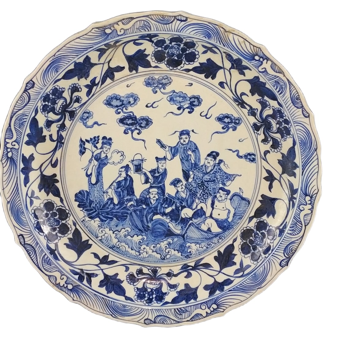 Blue and white hand-painted porcelain plate with the Eight Immortals crossing the sea design on both (1 of 10)
