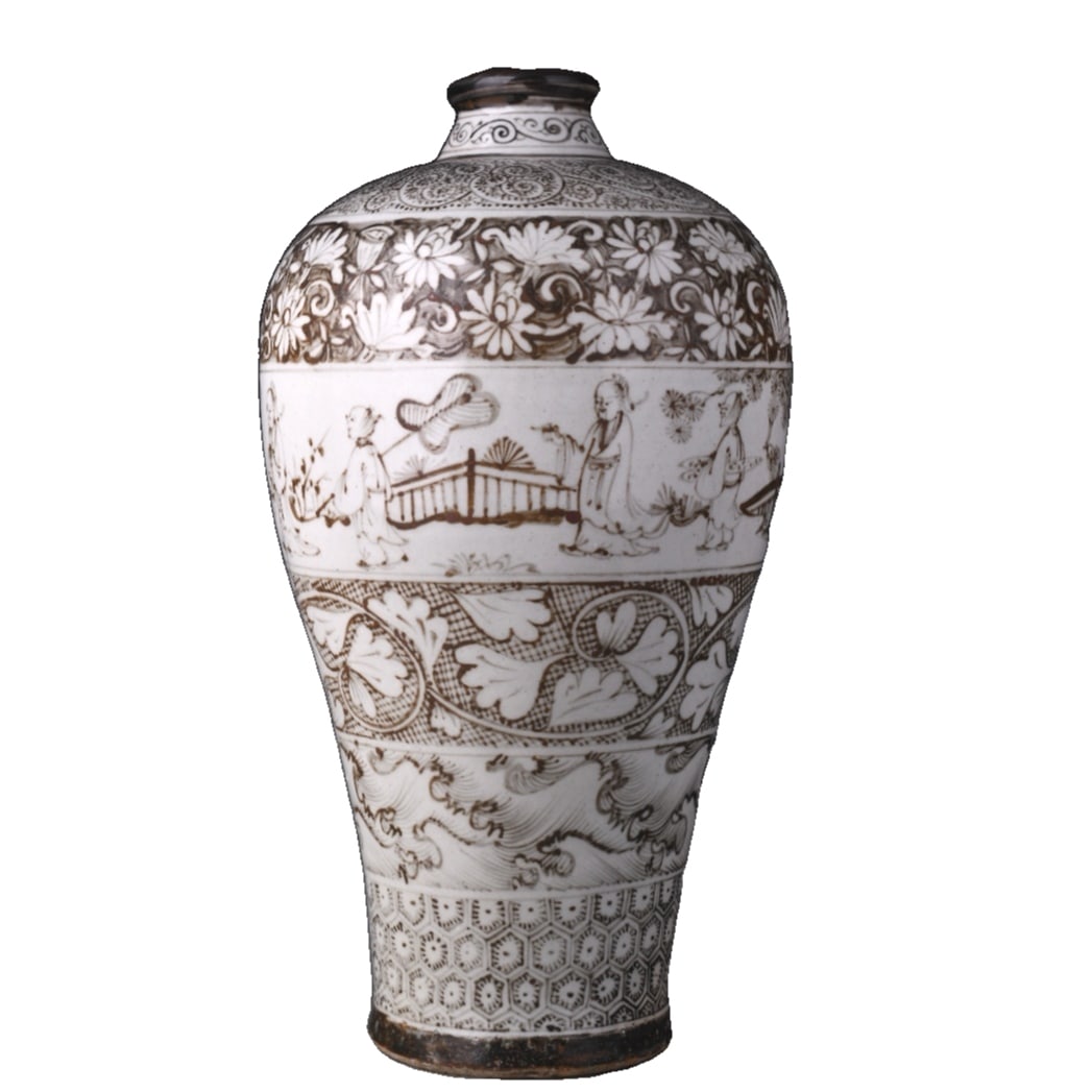 Song dynasty Ji Zhou kiln sea water floral motif with qin instrument visiting friend story pattern (1 of 10)