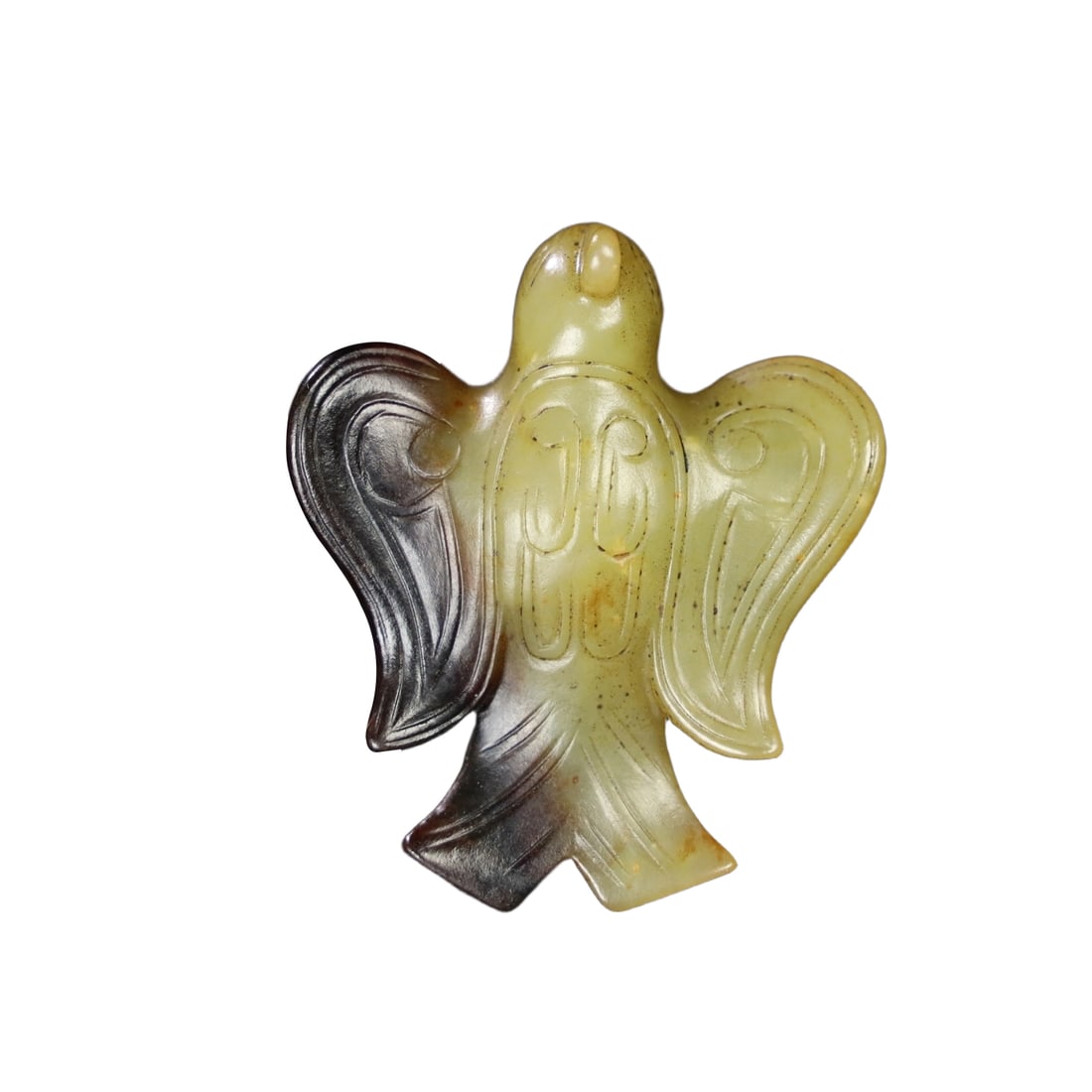 Hetian jade ornament: Hetian jade ornament, with delicate and lustrous jade quality, aged patina, and detailed as shown in the picture. Dimensions are: length 6.4 cm, width 5.5 cm, thickness 3.2 cm, weight 59.5 grams.