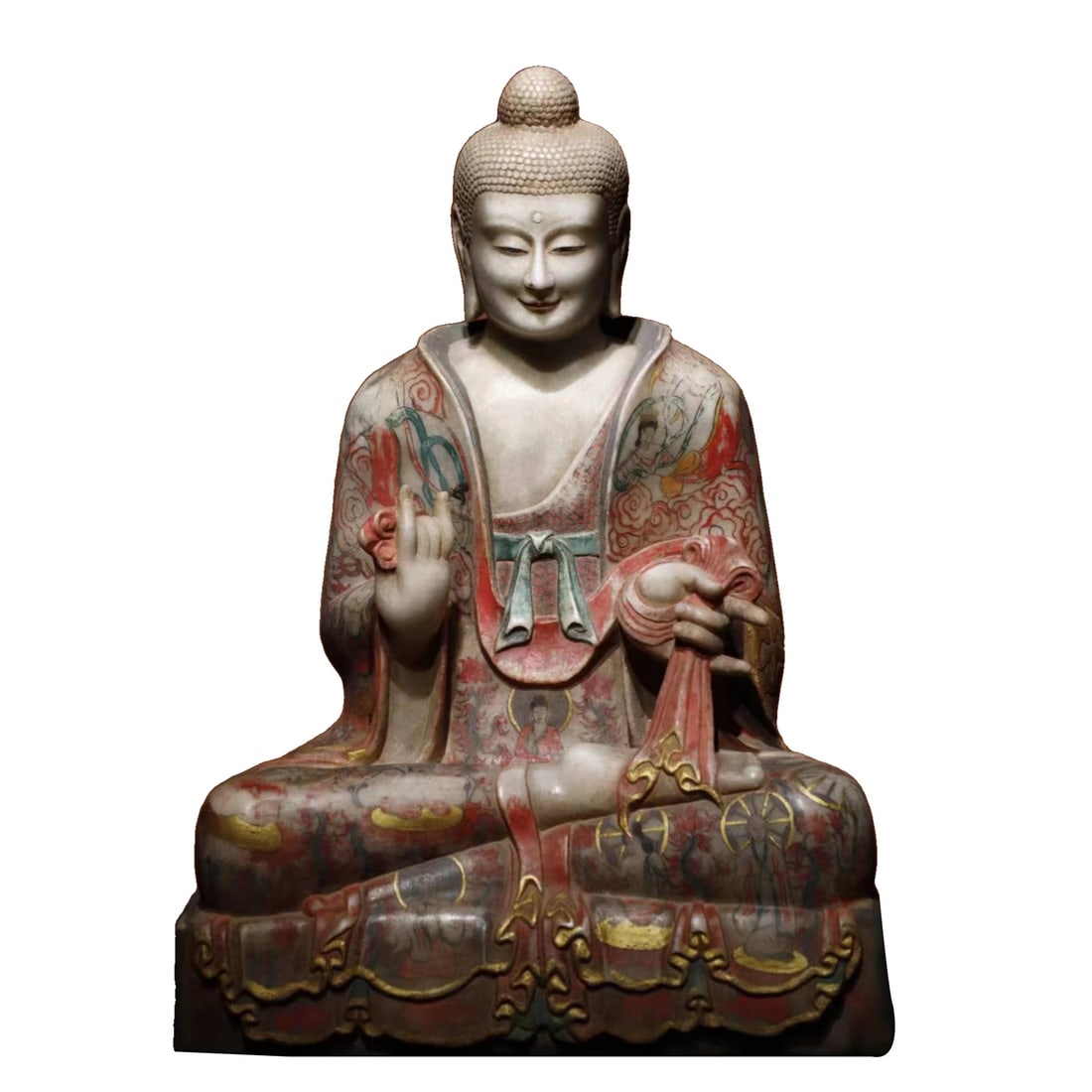 Hanbaiyu painted Buddha statue: Han white jade painted Buddha statue, full-color painted Buddha statue, exquisite craftsmanship. Specifications: 72 cm in height, 47 cm in width, 38 cm in thickness.