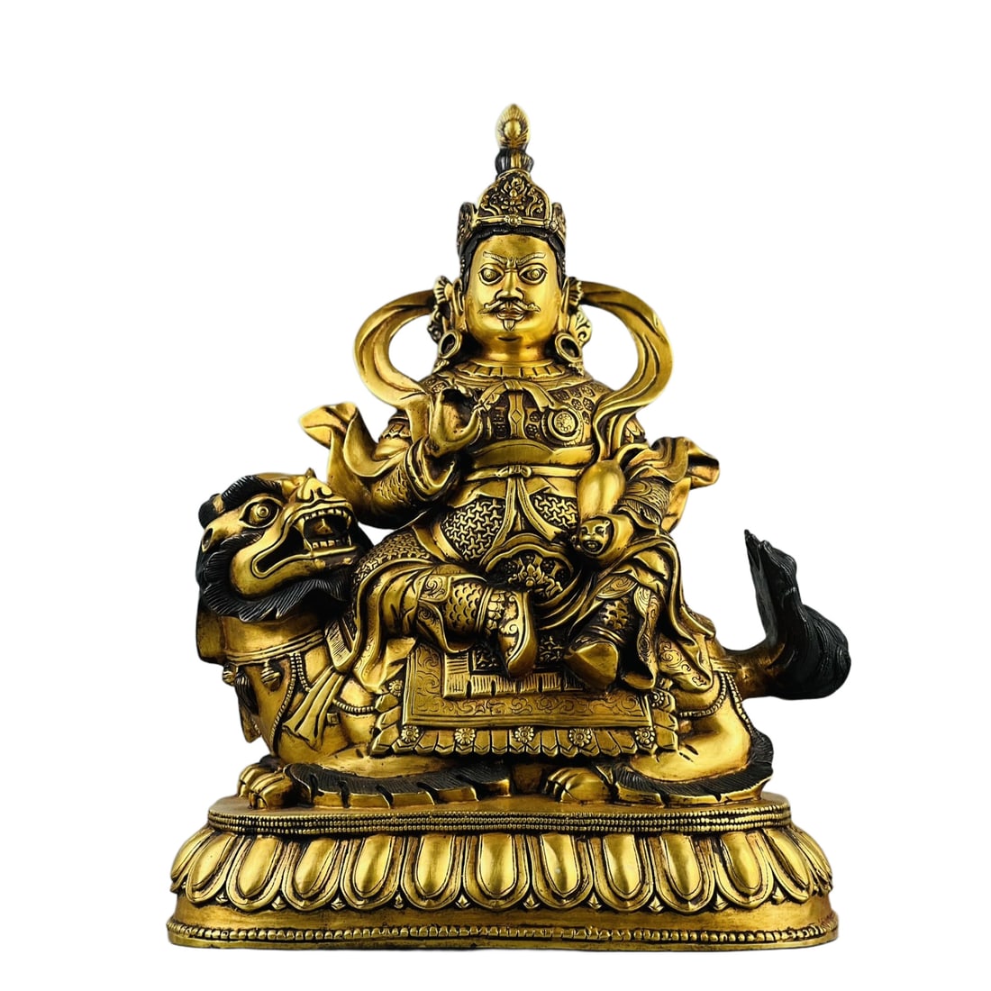 Ming Dynasty Yongle Purple Bronze Gilt God of Wealth Statue: Antique Tibetan Ming Dynasty Yongle period cast old bronze statue of Wealth God seated Buddha, gilt with real gold. The shape is well-proportioned, the quality is excellent, the craftsmanship is exqui