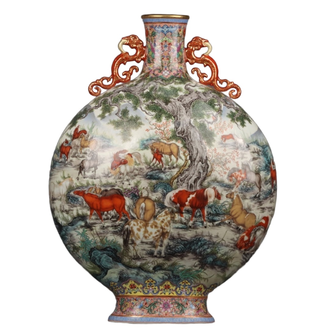 Qianlong period Famille-Rose Hundred Horses Vase with Moon Embracing: Qianlong Emperor's commissioned Famille-Rose Hundred Horses Vase, measuring 55cm in height and 41cm in width, is renowned for its exquisite Famille-Rose technique and vivid depiction of the hundred ho