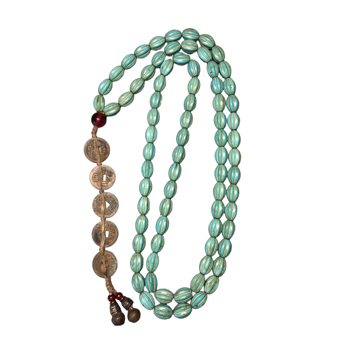 Turquoise Five Emperor Copper Coin Bead Necklace: 108 pieces of turquoise beads paired with five emperors' copper coins. Bead size: 1.6x1.2cm, weight: 145g.