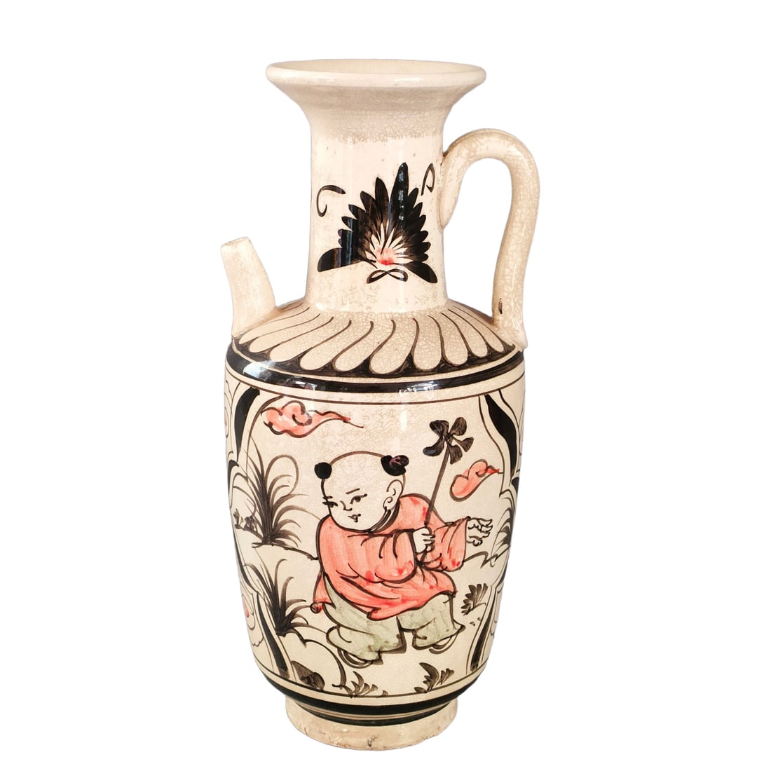 Song Dynasty Cizhou Kiln Child Playing with a Pot: During the Song Dynasty, the Cizhou kiln produced a playful child holding a pot. The vessel is well-proportioned, with pure glaze color, delicate body texture, and exquisite ink painting craftsmanship