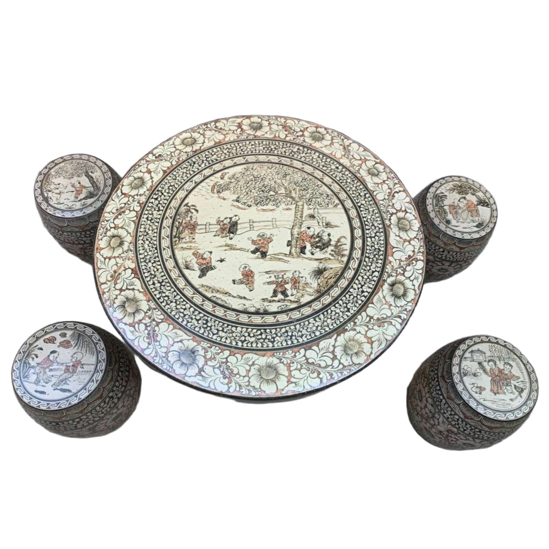 Yuan Dynasty Ci Zhou Kiln Table and Chairs Set with Children Playing Design: This set of Yuan Dynasty Cizhou kiln table and chairs, featuring an elegant and simple design with exquisite child playing patterns, showcases a unique artistic charm. The table is 65cm high, the chai