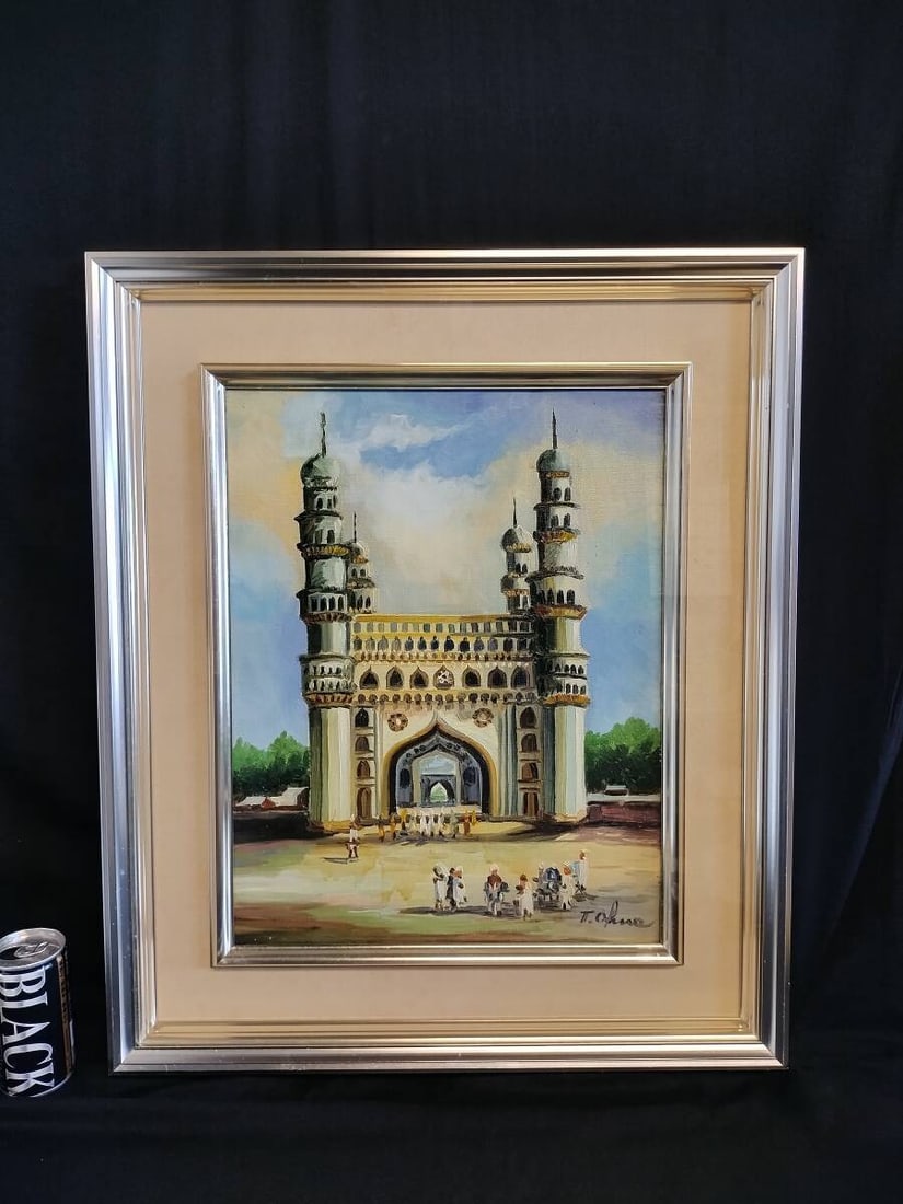 Authentic Tamami Ohno Charminar (Four Minarets), Central India Oil Painting (1972), Framed –: An authentic 1972 oil painting titled Charminar (Four Minarets), Central India by Tamami Ohno. This work depicts the historic Charminar, one of India’s most iconic landmarks and a major tourist attr